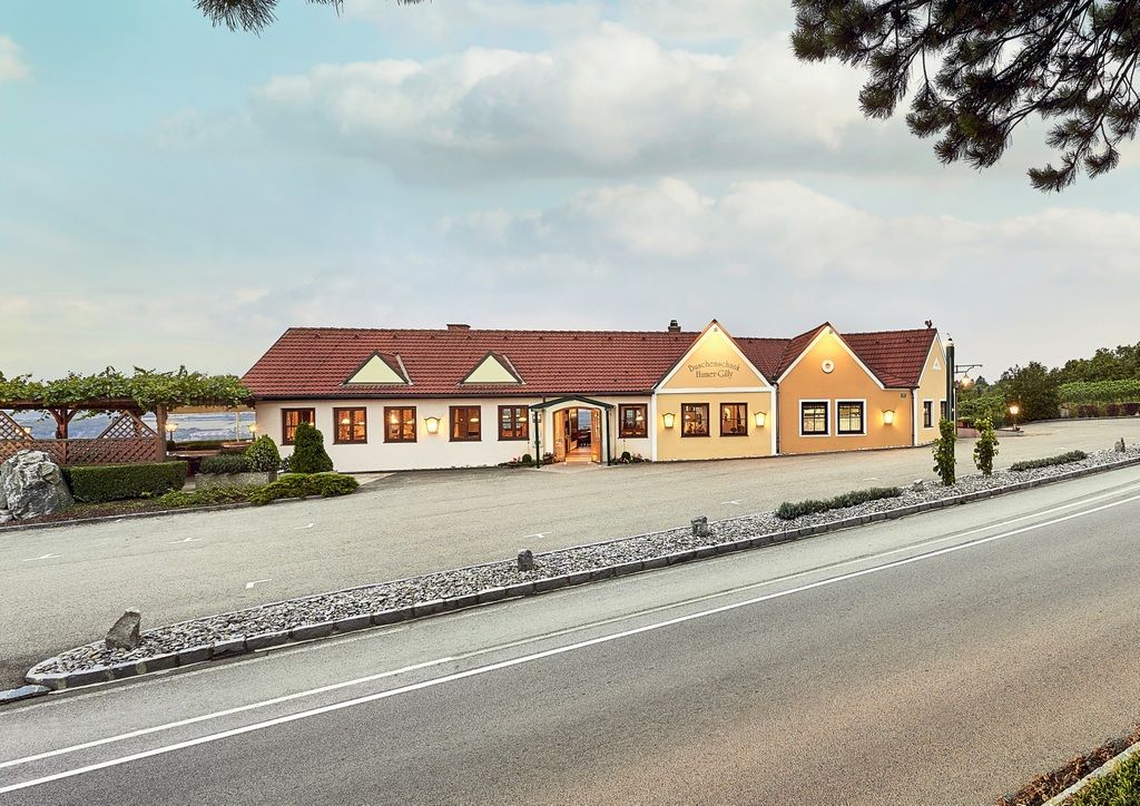Exteriérový pohľad na vinárstvo so žltou budovou a červenou strechou, obklopené viničom a cestou v popredí.