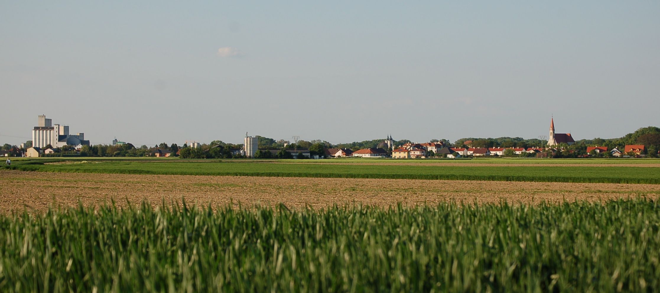 Panoráma mesta Lichtenwörth s poliami v popredí a budovami v pozadí.