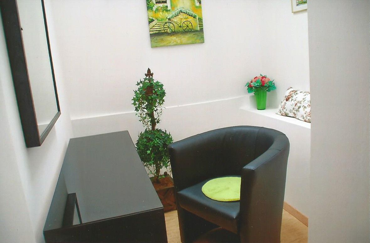 Malá izba pre hostí s čiernym kreslom, zeleným vankúšom, zrkadlom, rastlinami a nástennou maľbou.