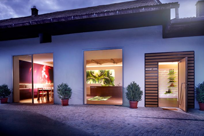 Exteriérový pohľad na moderné vinárstvo s osvetlenými oknami a rastlinami.