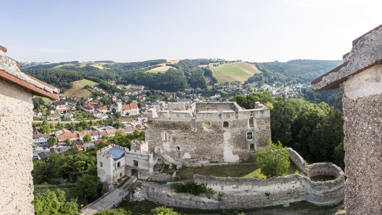 View of the Kirchschlag castle ruins from the fire tower, &copy; Wiener Alpen, Franz Zwickl