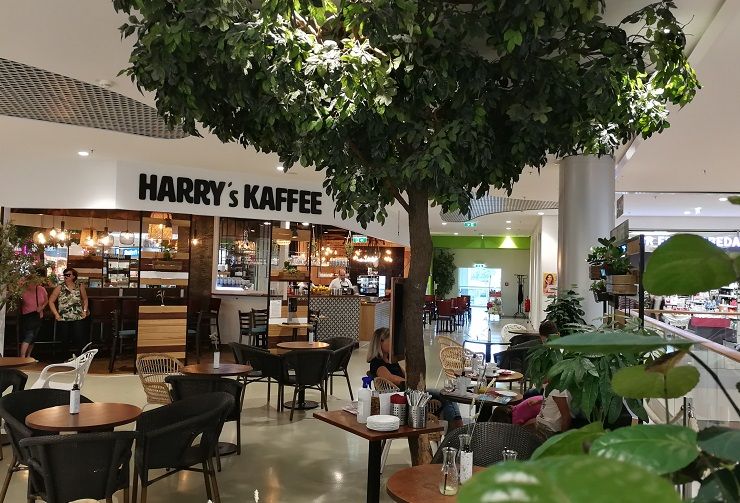 Pohľad do interiéru kaviarne Harry's Kaffee so stolmi, stoličkami a veľkým umelým stromom.