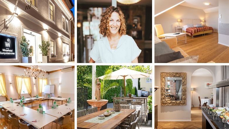 Koláž z hotelových fotografií: Pohľad zvonku, žena, izba, konferenčná miestnosť, terasa, raňajkový bufet.