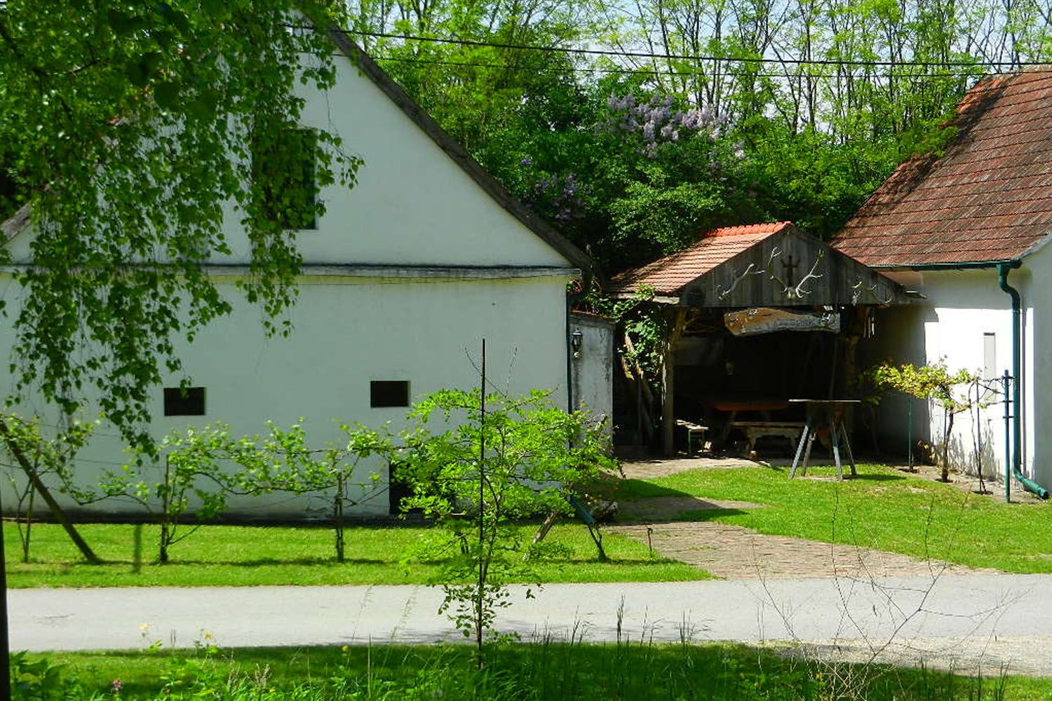 Vidiecky dvor s bielymi budovami a zelenou záhradou.