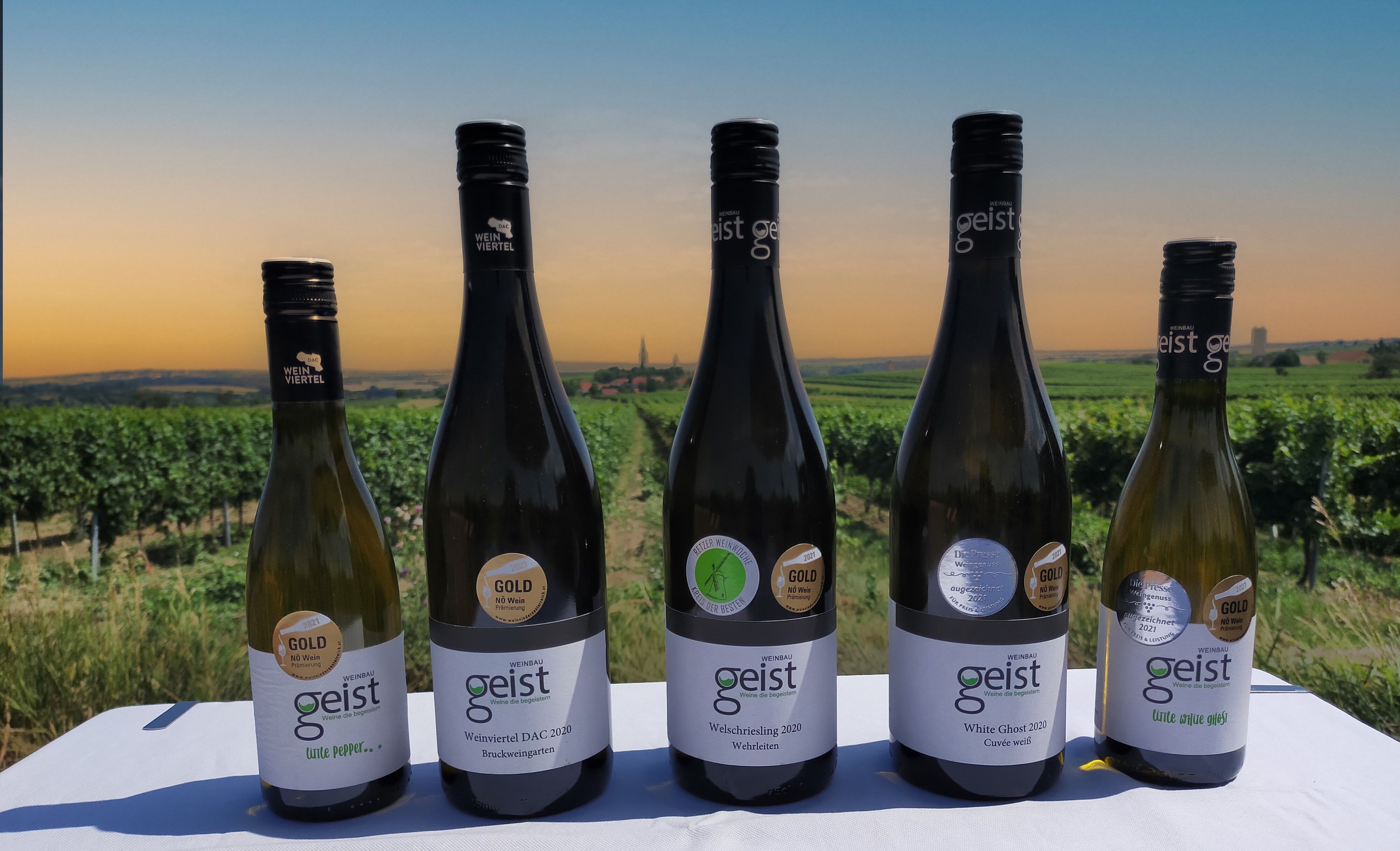Šesť fliaš vína Geist pred vinicou pri západe slnka.
