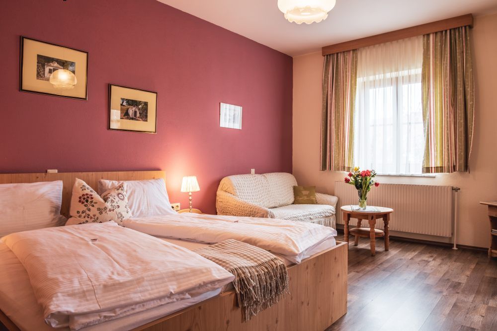 Útulná izba pre hostí s manželskou posteľou, pohovkou, stolom a kyticou kvetov.