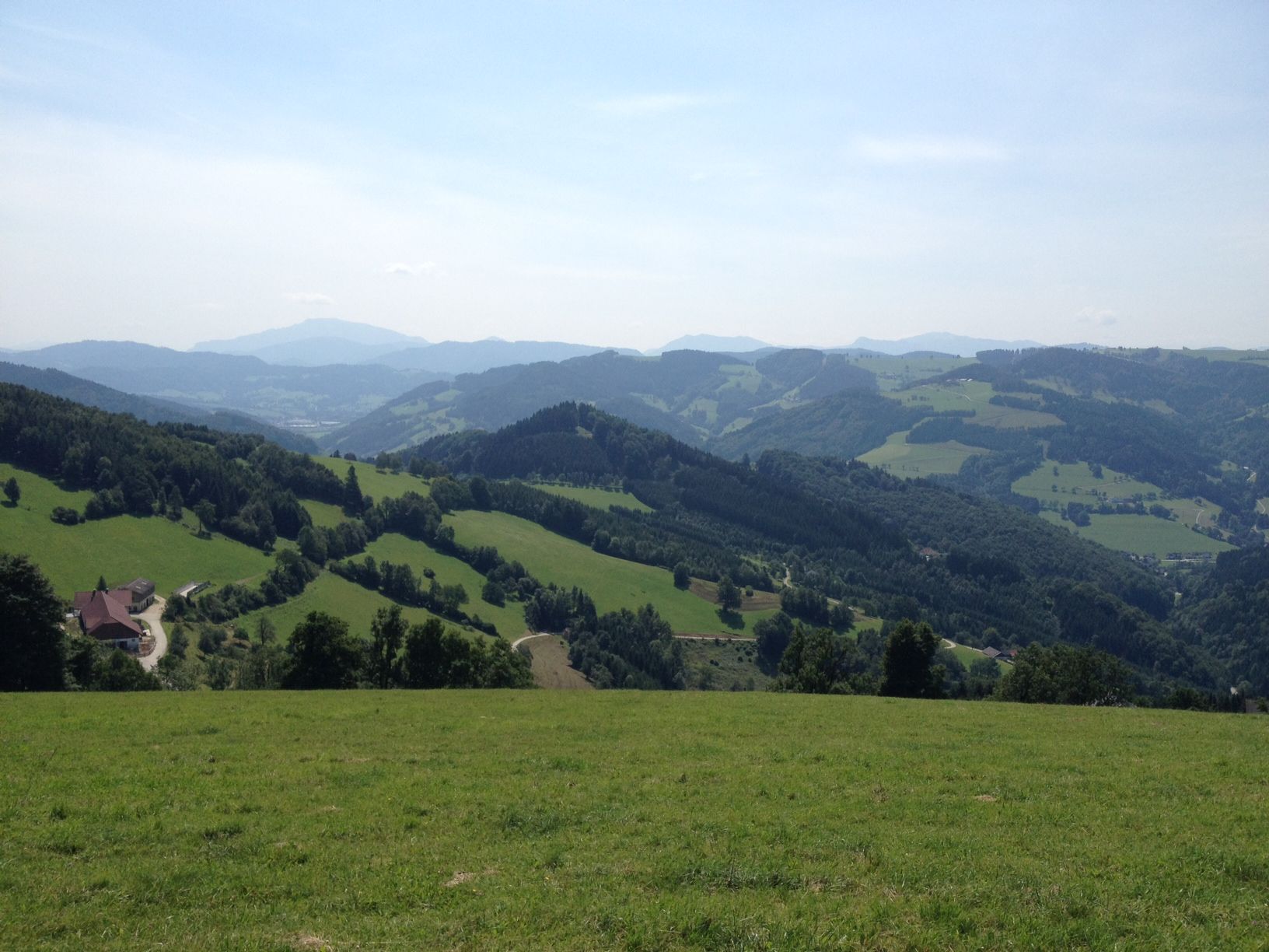 Panoráma kopcovitej krajiny s lúkami a lesmi pod modrou oblohou.