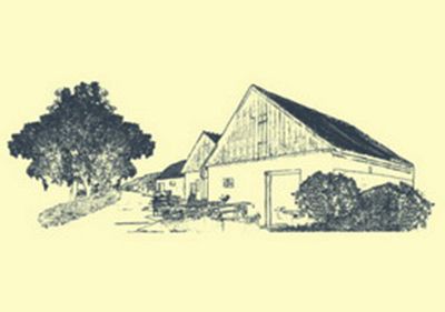 Kresba vidieckych budov a stromov na ceste.