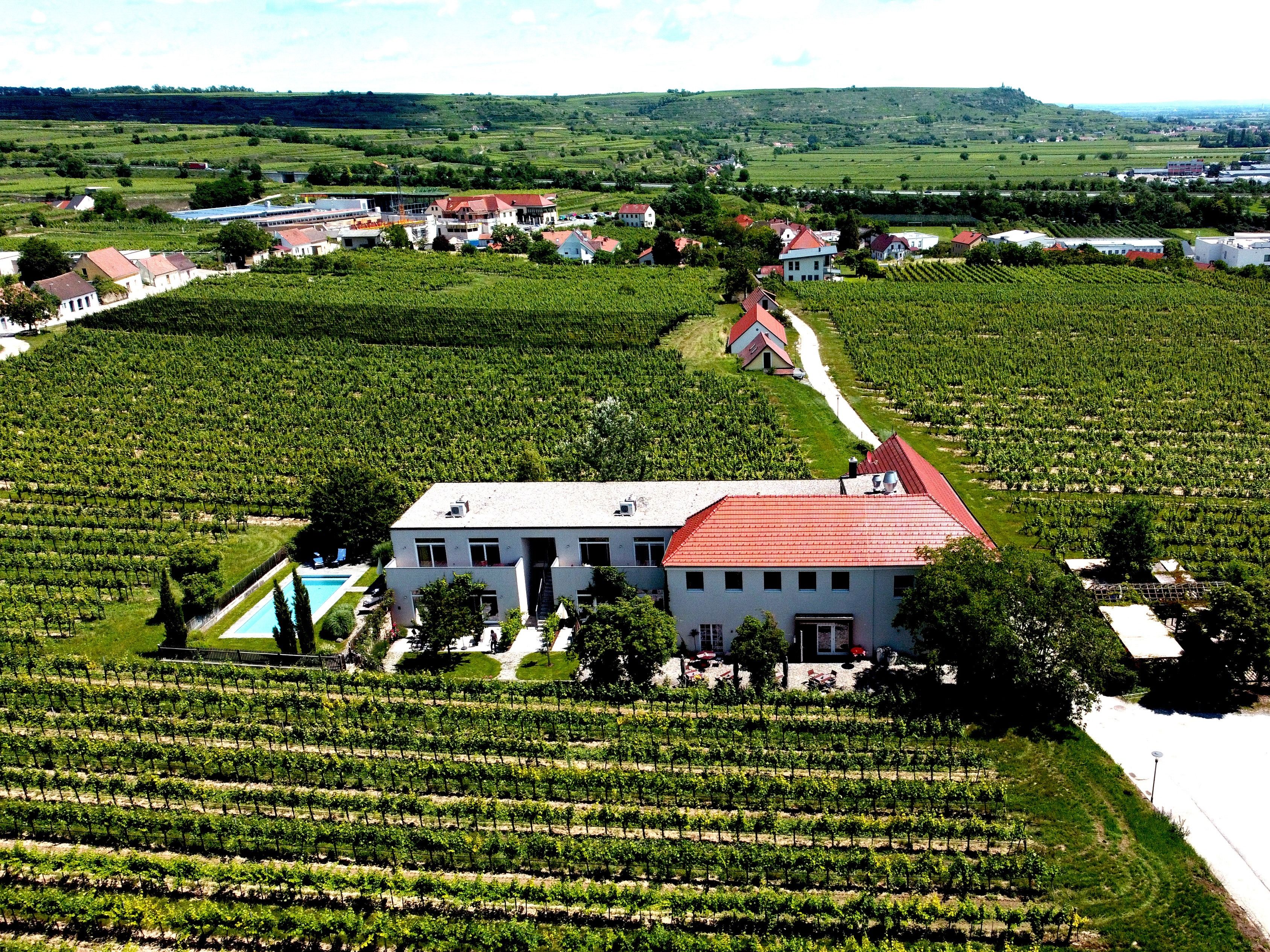 Letecký pohľad na hostinec obklopený vinicami.