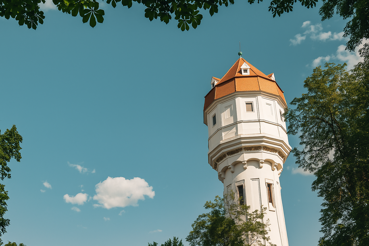 Dominanta mesta, biela veža s vodnou nádržou