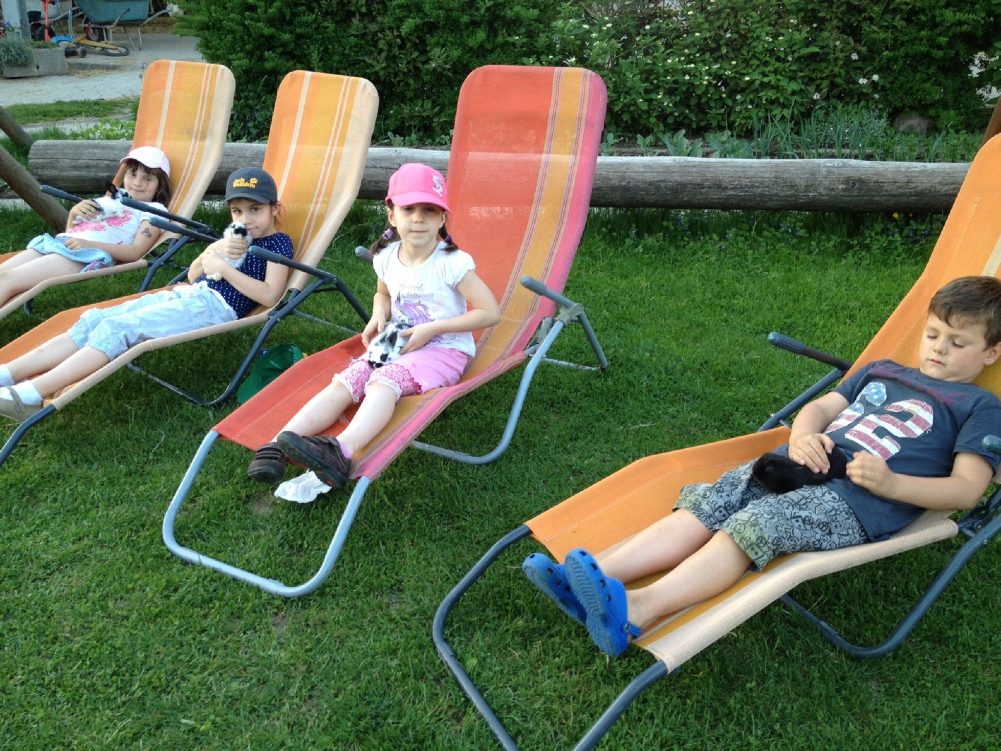 Štyri deti ležia na ležadlách v záhrade a držia malé zvieratá.