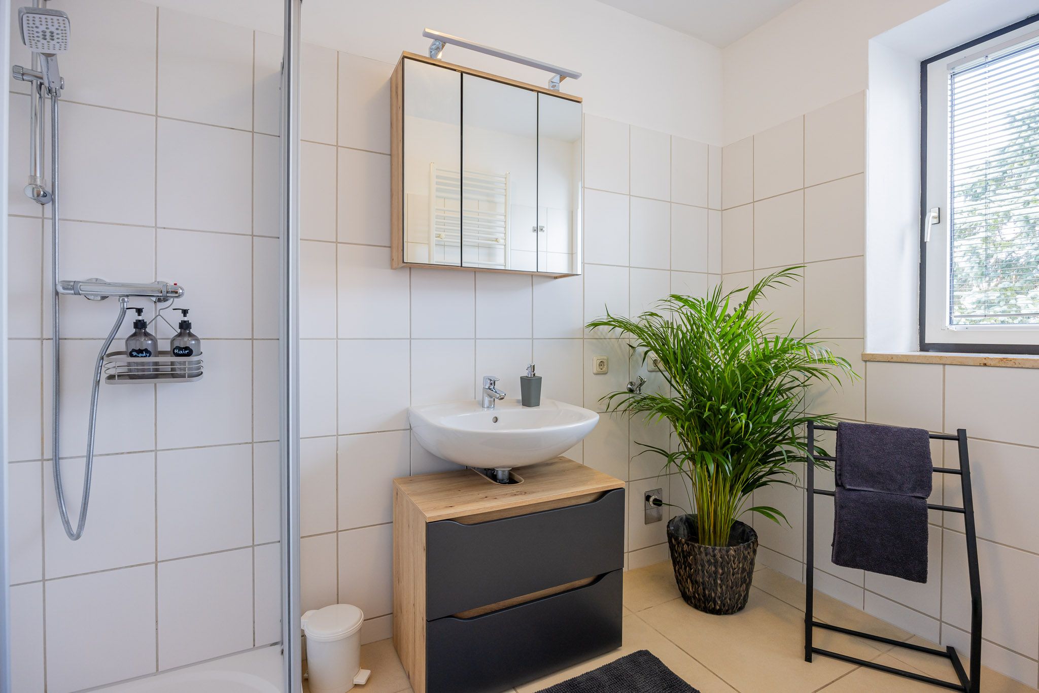 Moderná kúpeľňa so sprchovacím kútom, umývadlom, zrkadlom a rastlinou.