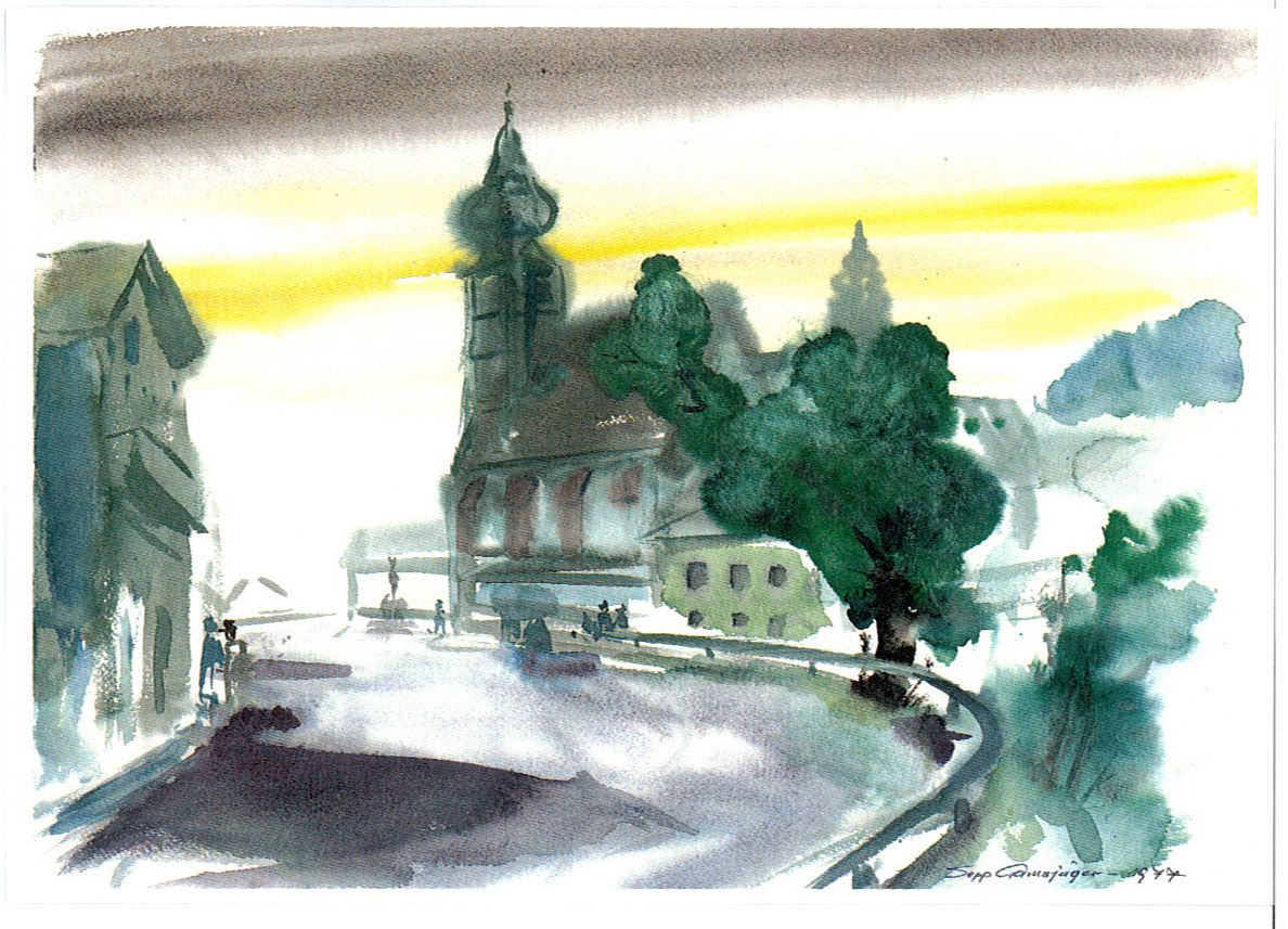 Akvarel s pohľadom na mesto s kostolom a stromami.