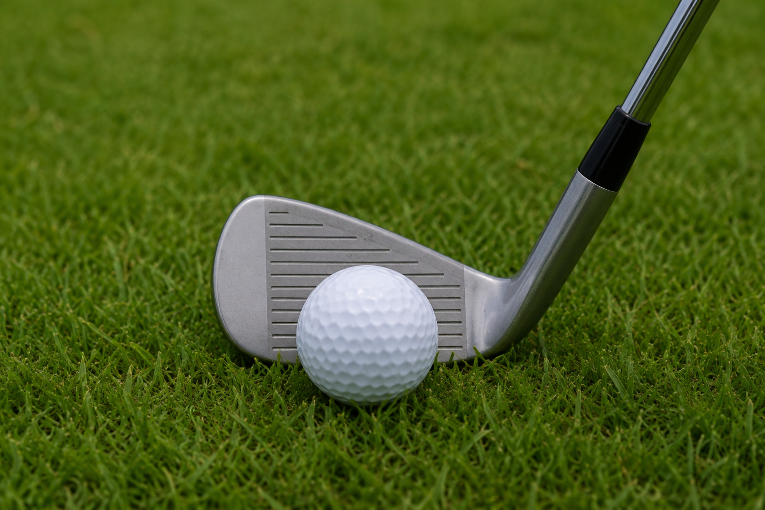 Golfová palica a golfová loptička na zelenej tráve.