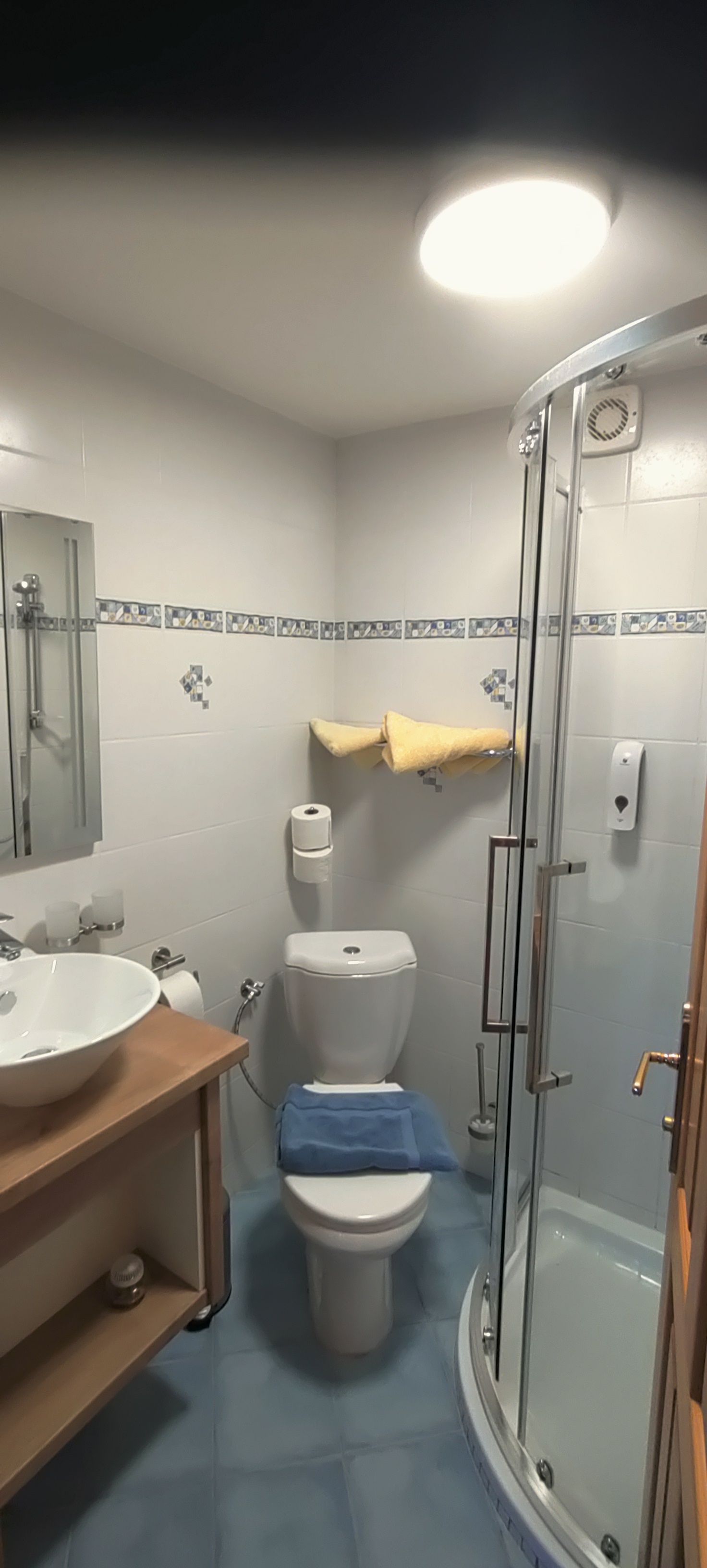 Malá kúpeľňa so sprchovacím kútom, WC a umývadlom.