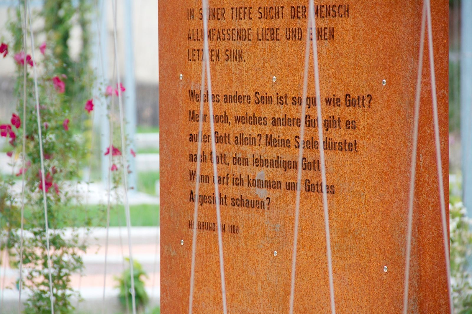 Detailný záber na hrdzavú kovovú tabuľu s vyrytým textom, obklopenú rastlinami.