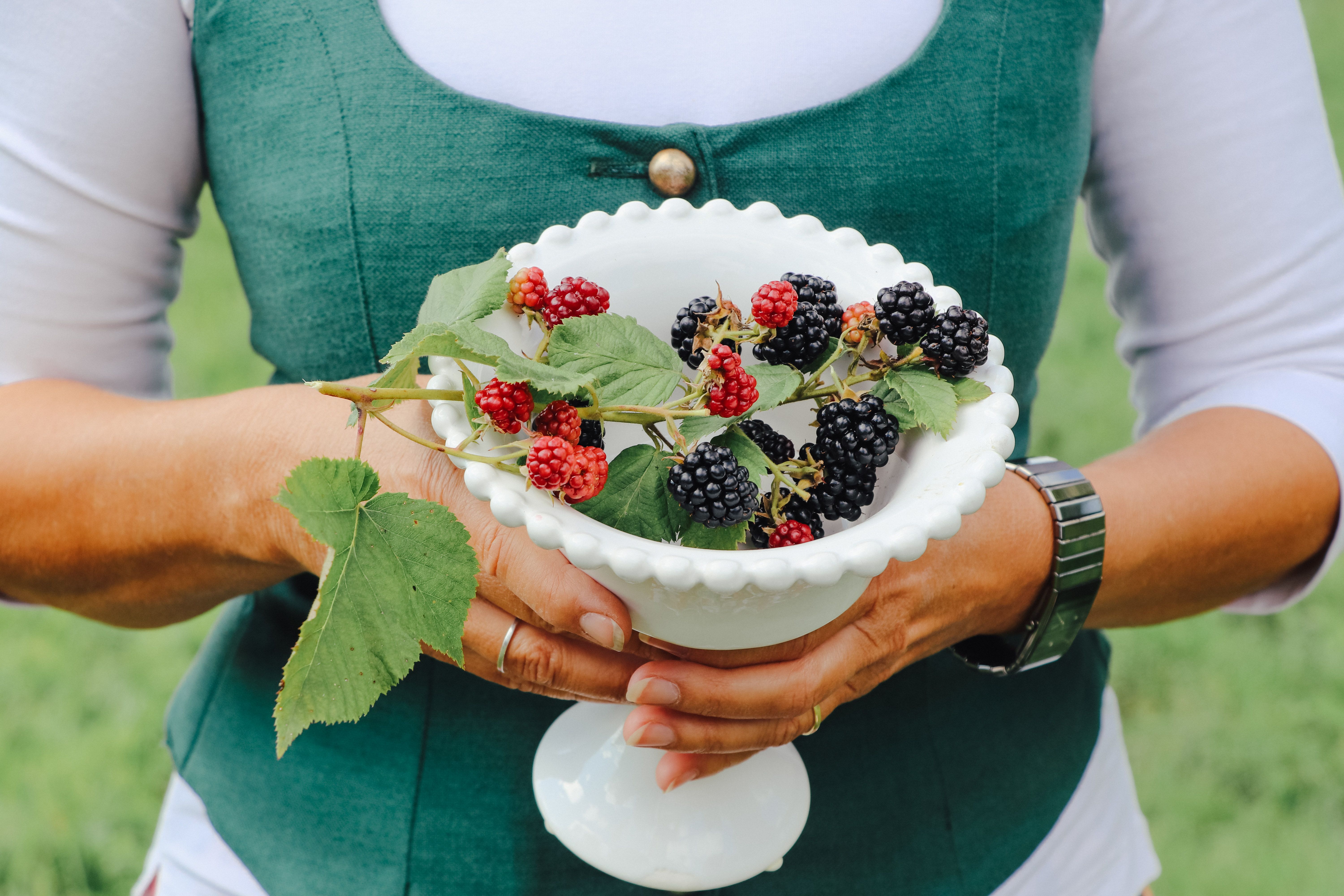 Jedna osoba drží bielu misku s černicami a listami.