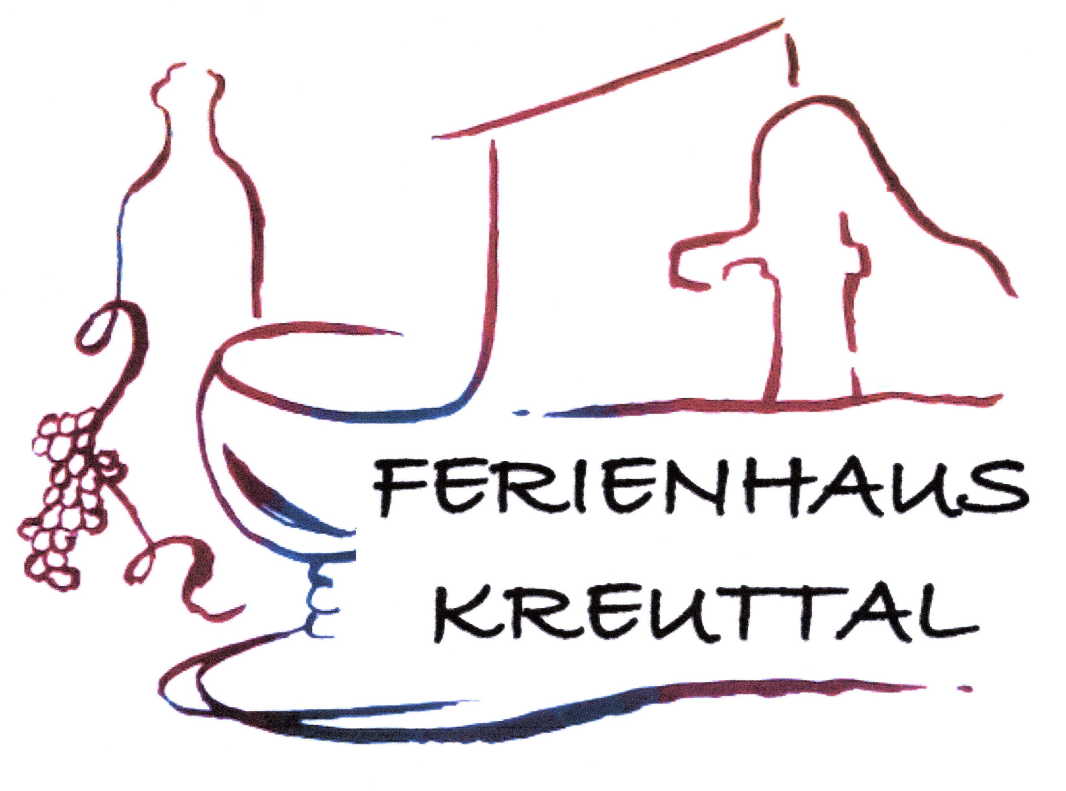 Logo rekreačného domu Kreuttal s fľašou vína, hroznom a obrysmi domu.
