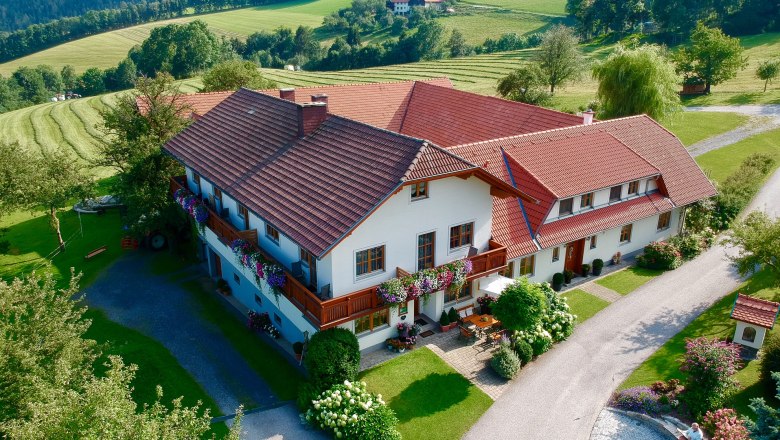 Letecký pohľad na veľkú farmu s červenými strechami, obklopenú zelenými poliami a stromami.