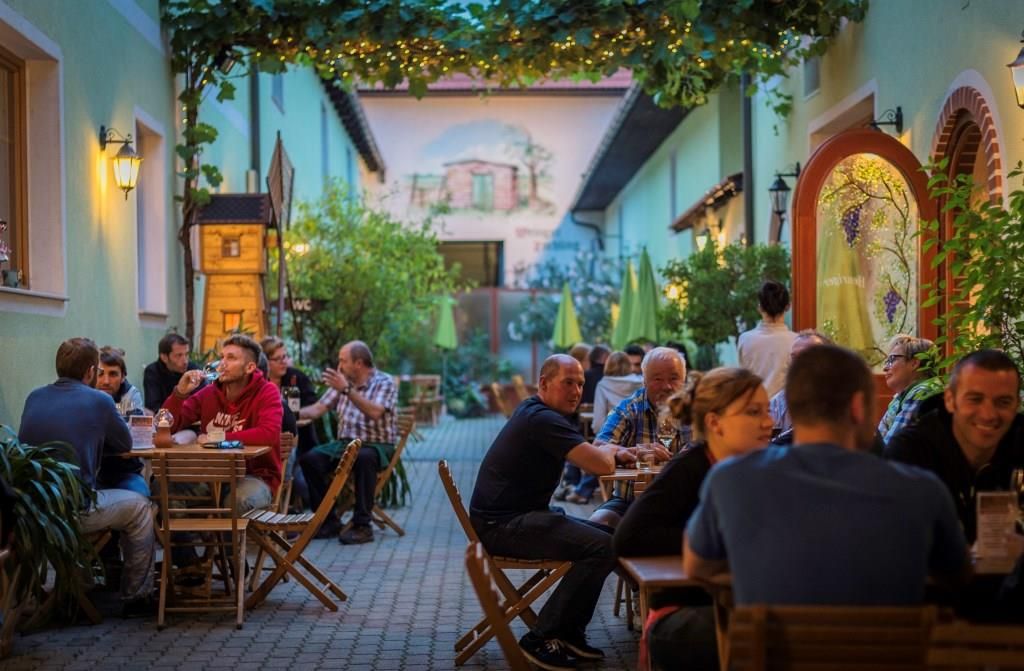 Ľudia sedia pri drevených stoloch na útulnom nádvorí vinárstva, obklopení rastlinami a rozprávkovými svetlami.