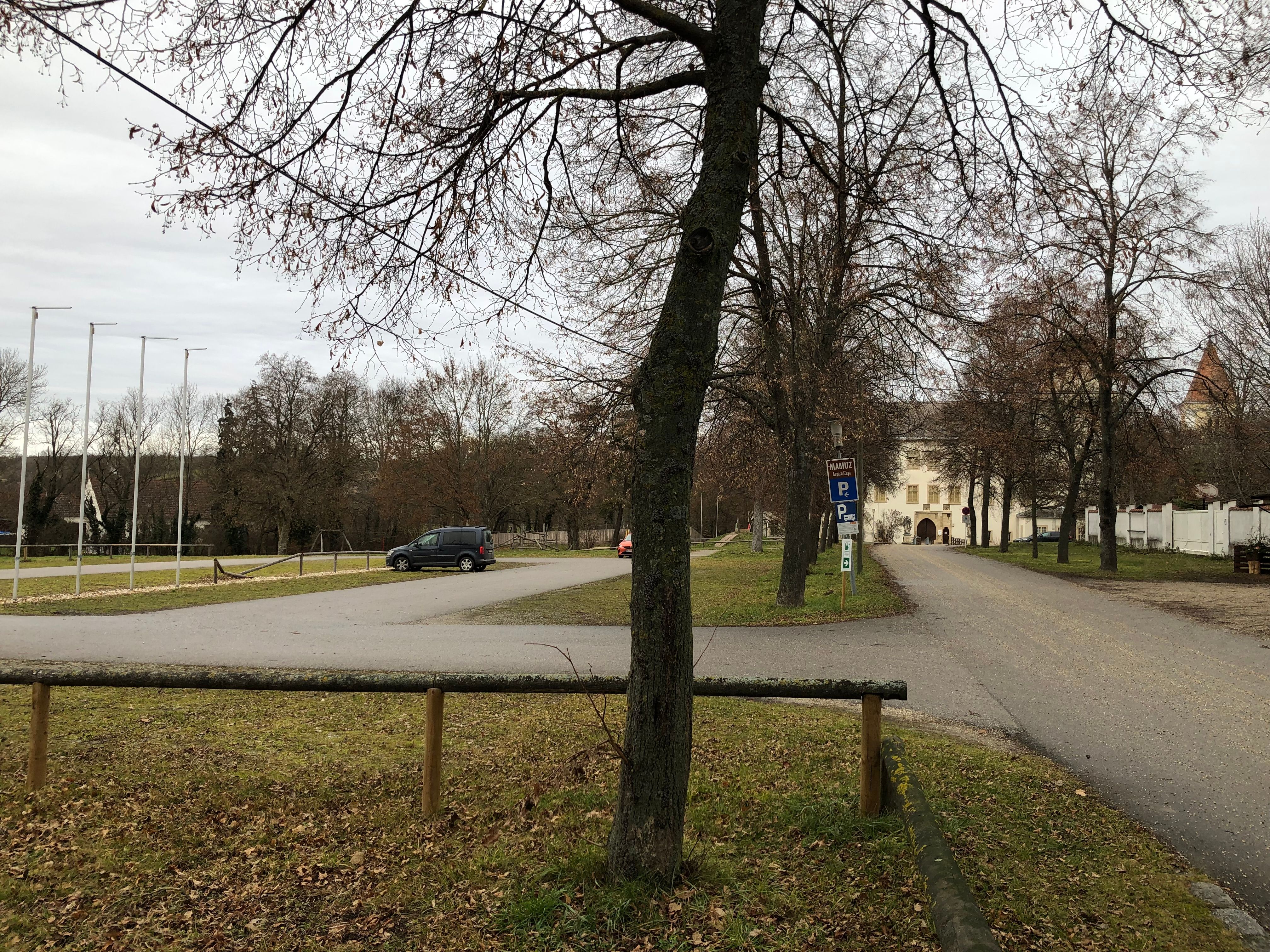 Parkovisko so stromami a budovou v pozadí.