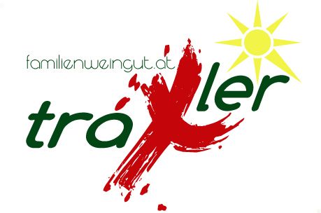 Logo rodinného vinárstva Traxler s červeným ťahom štetca a žltým slnkom.