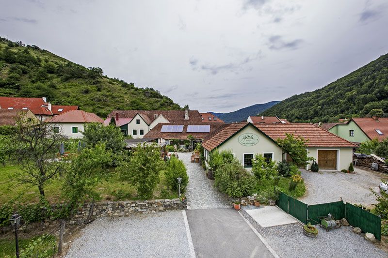 Vinárstvo Gritsch v zelenej kopcovitej krajine.