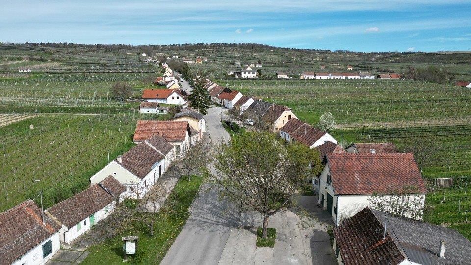Panoramatický výhľad na Vínne uličky Feuersbrunn s poliami a vinicami,