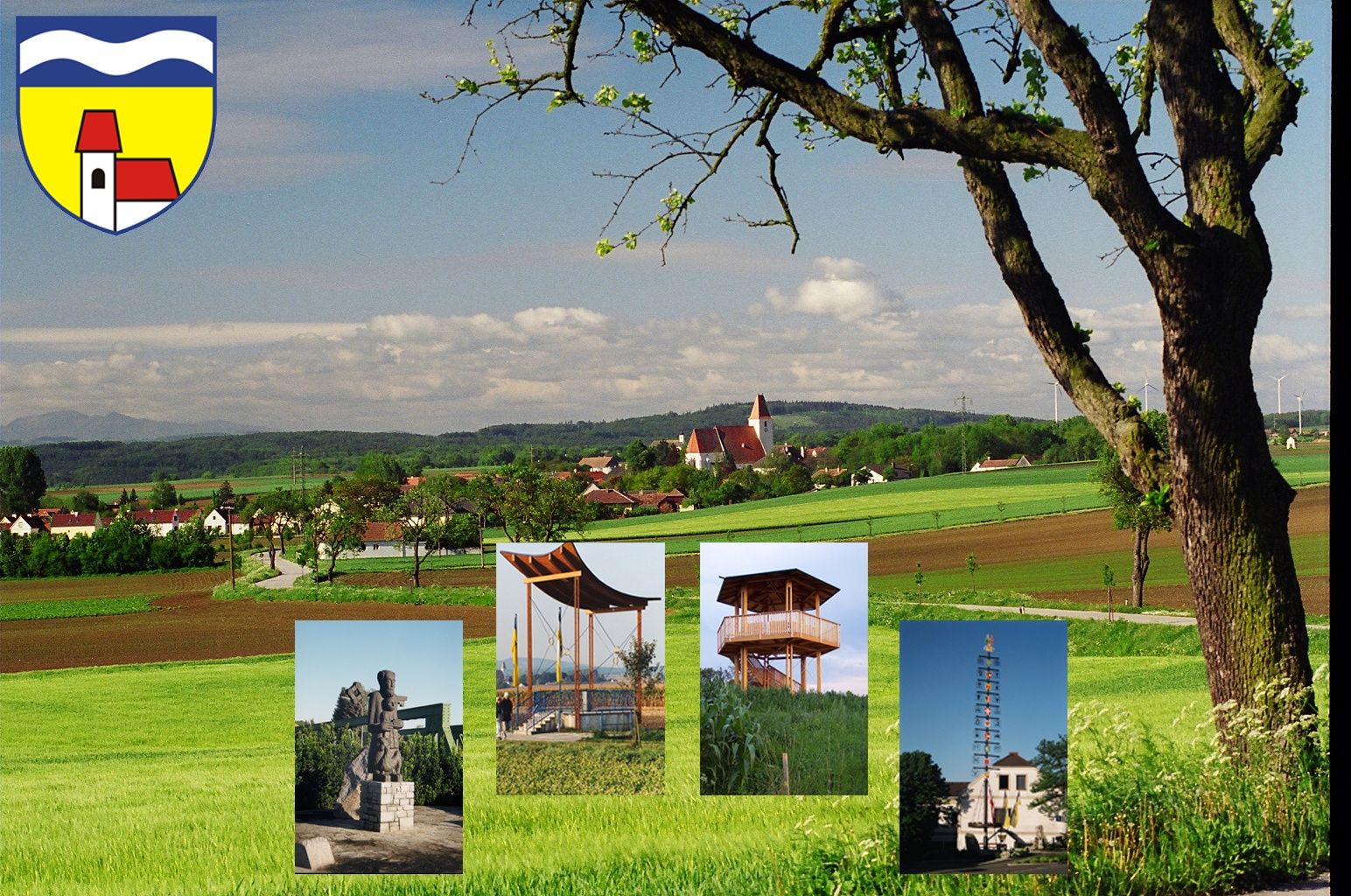 Krajina s kostolom a stromom v popredí, niekoľko malých obrázkov zaujímavých miest.