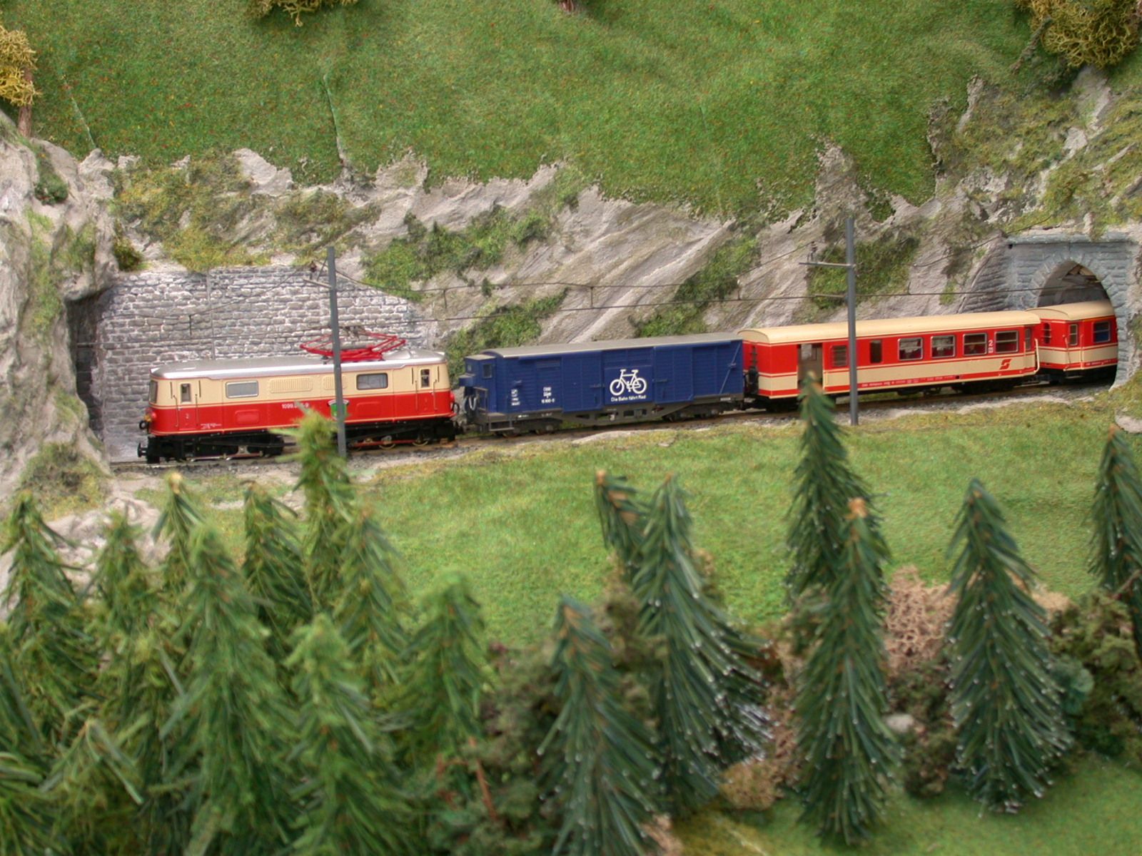 Železničný model prechádza cez tunelový otvor v miniatúrnej krajine so stromami a skalami.