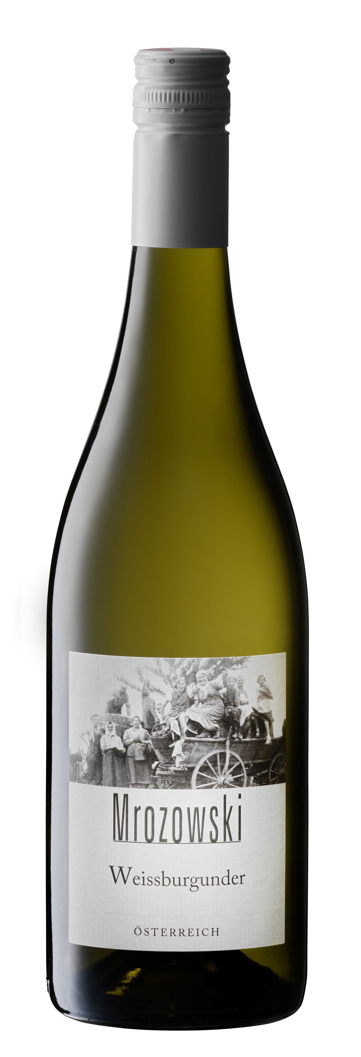 Fľaša vína Mrozowski Pinot Blanc s etiketou a uzáverom.