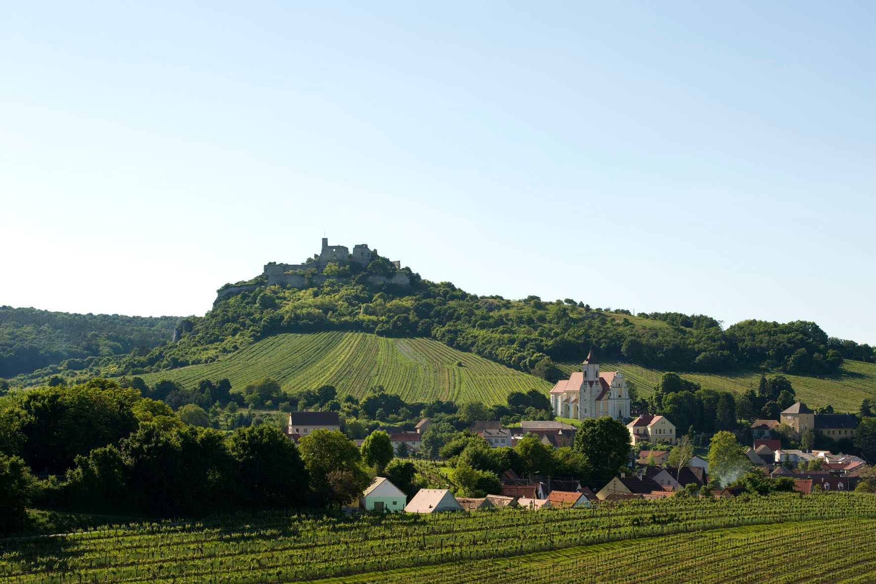 Krajina s hradom na kopci, vinicami a dedinou v popredí.