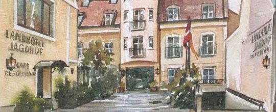Maľba vnútorného nádvoria s budovami a vlajkami.