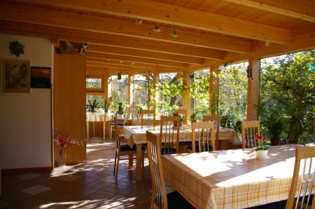 Svetlá zimná záhrada s dreveným nábytkom a rastlinami.