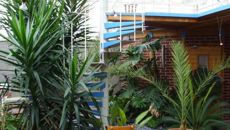 Vn&uacute;torn&yacute; dvor s rastlinami a točit&yacute;m schodiskom.