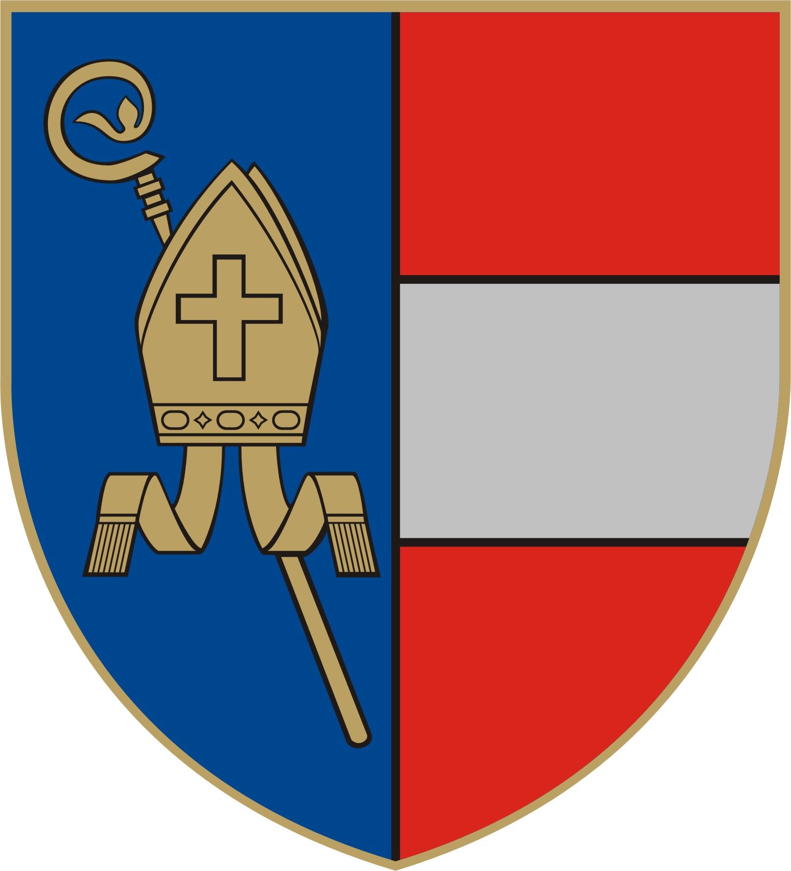 Erb Ruprechtshofenu s biskupskou mitrou a krížom na modrom pozadí, vedľa červeno-bielo-červené pole.