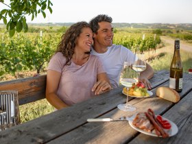 P&aacute;r sed&iacute; uvoľnene pri drevenom stole vo vinici s fľa&scaron;ami v&iacute;na.