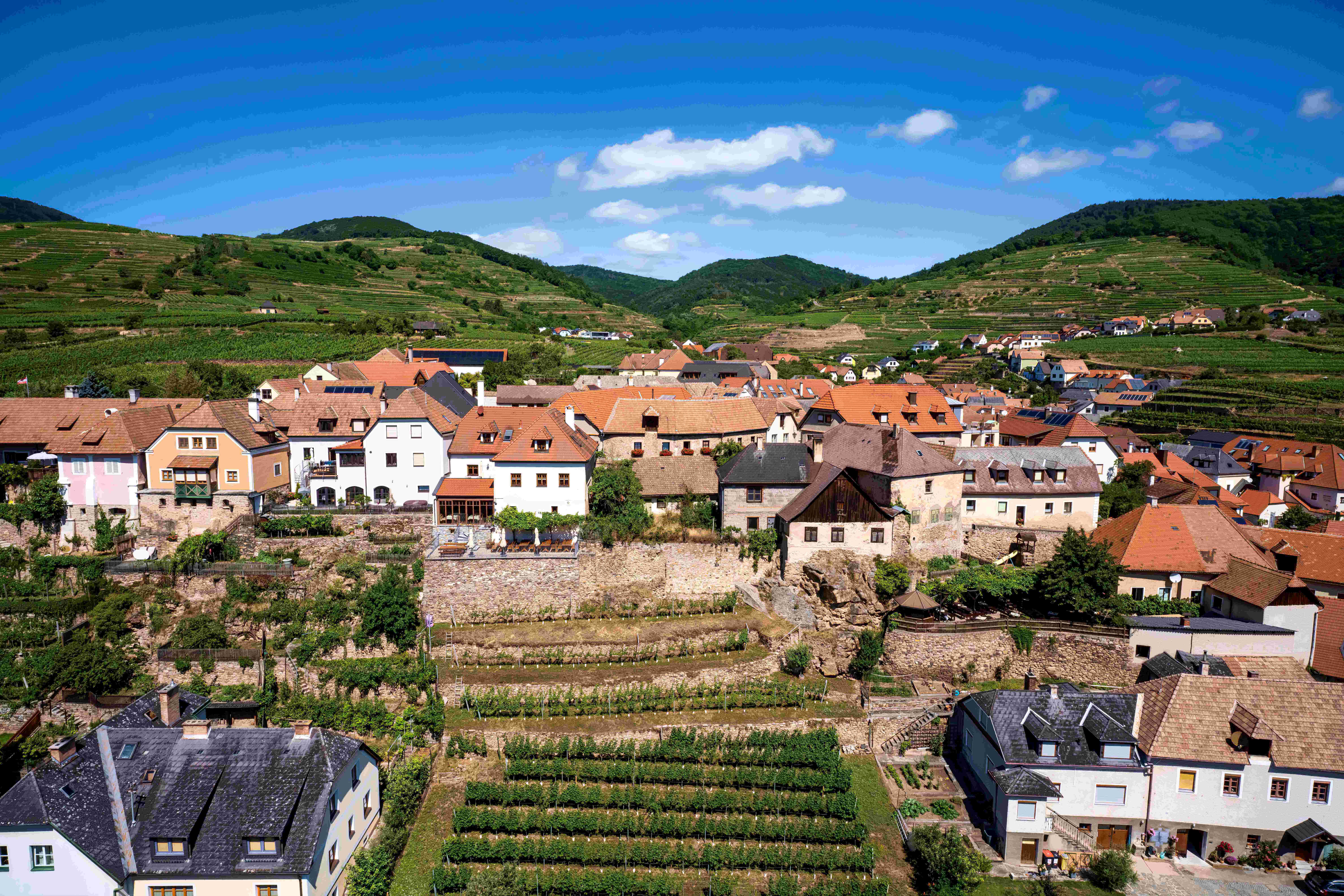 Pohľad na Weißenkirchen so štvrťou Burg s mnohými domami, vinicami a kopcami v pozadí