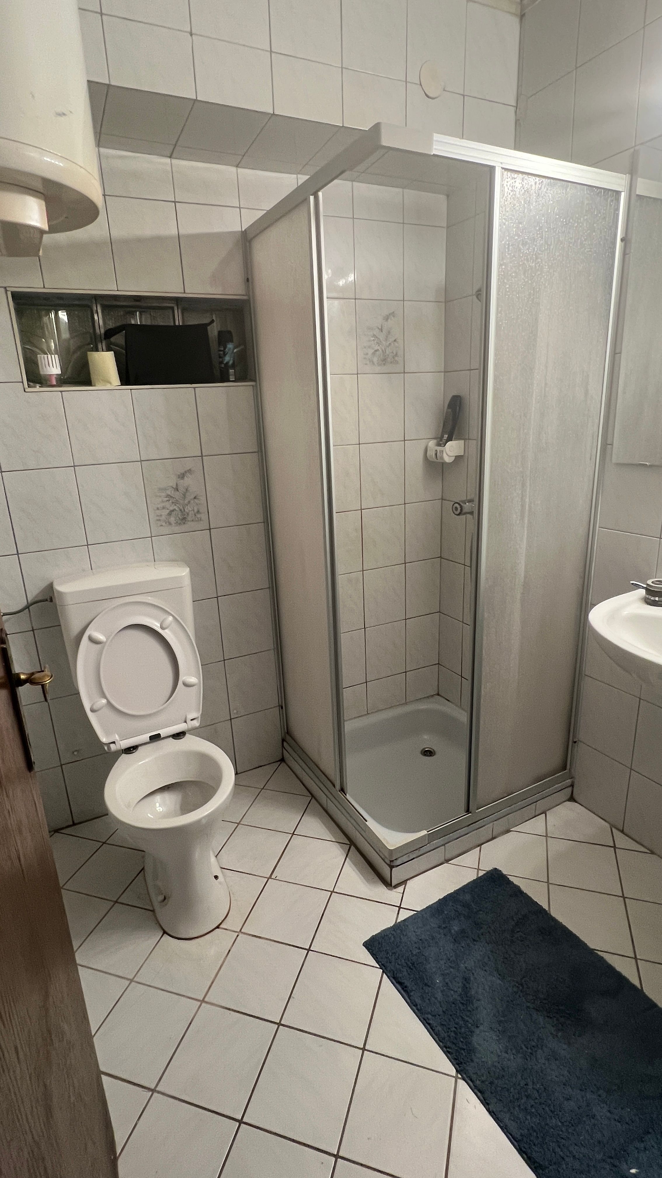 Kúpeľňa so sprchovacím kútom, WC a umývadlom.