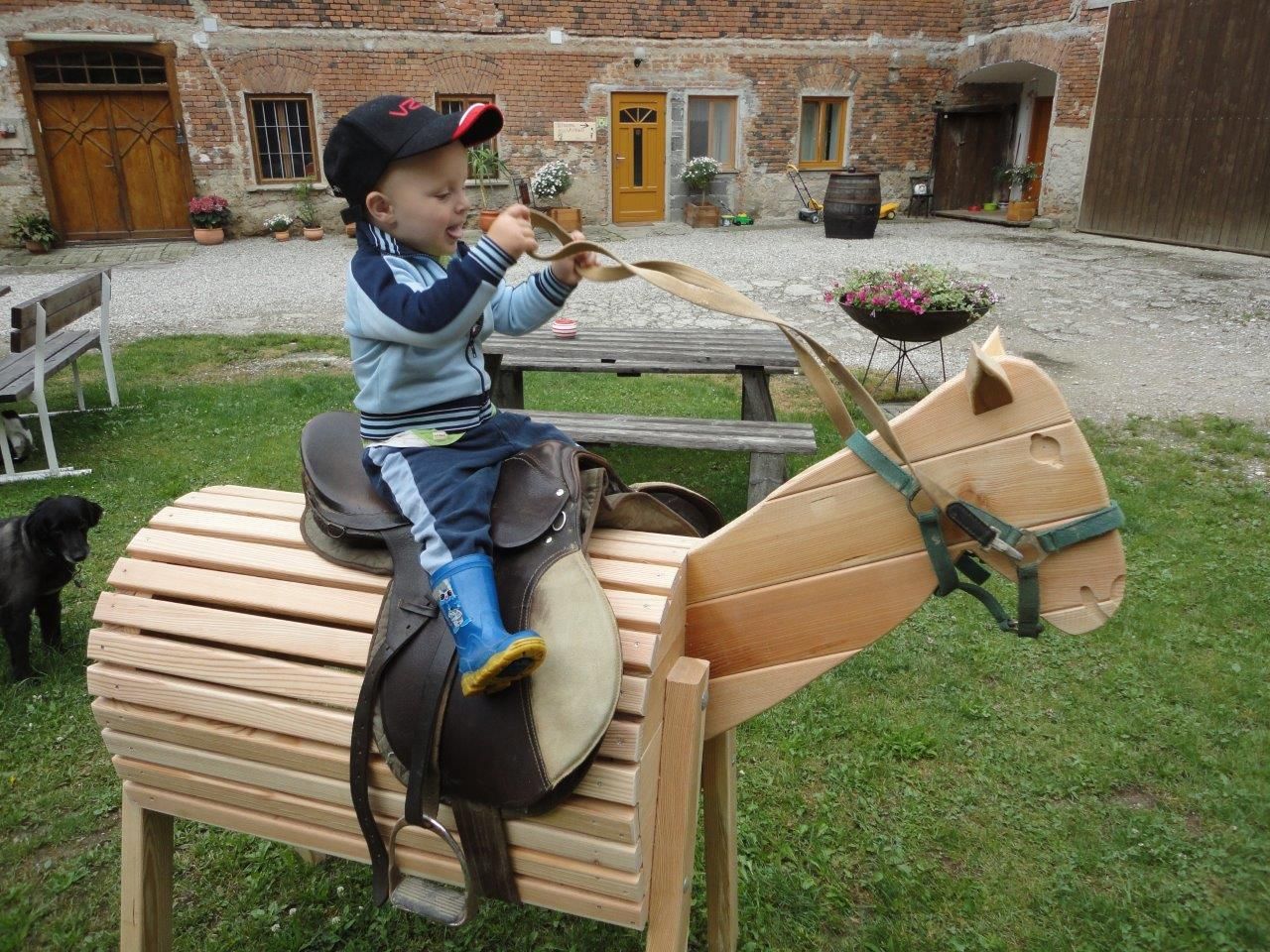 Dieťa sedí vonku na drevenom hračkárskom koni.
