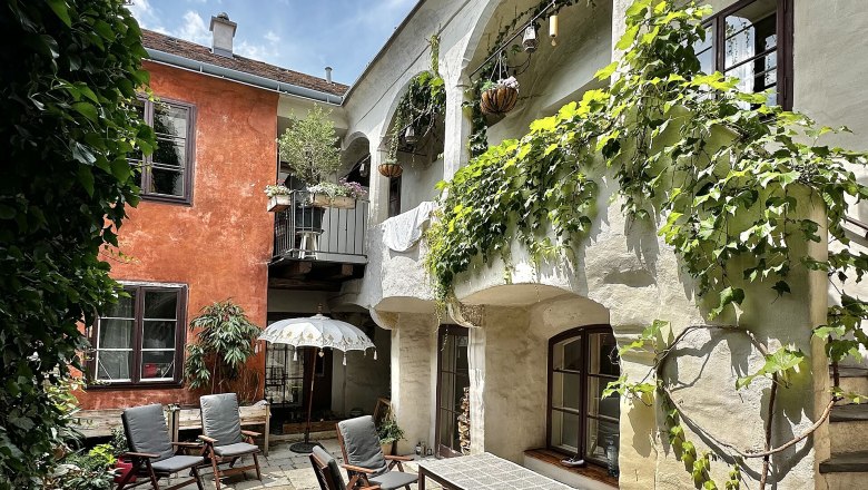 &Uacute;tuln&yacute; dvor s rastlinami, dreven&yacute;m n&aacute;bytkom a slnečn&iacute;kom.