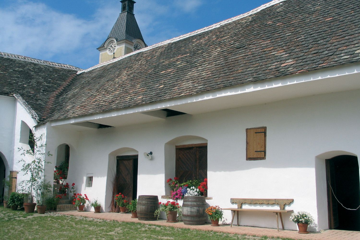 Tradičná budova s bielou fasádou, drevenými dverami a kvetmi v kvetináčoch. V pozadí veža s hodinami.