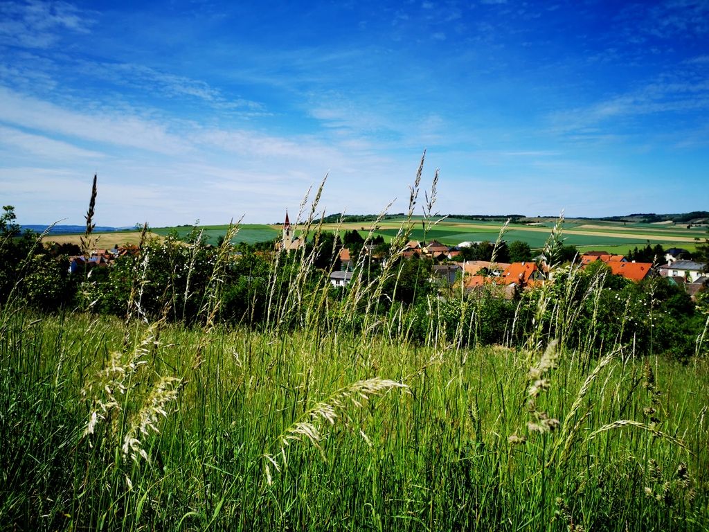 Krajina s lúkou, dedinou a kopcami v pozadí pod modrou oblohou.