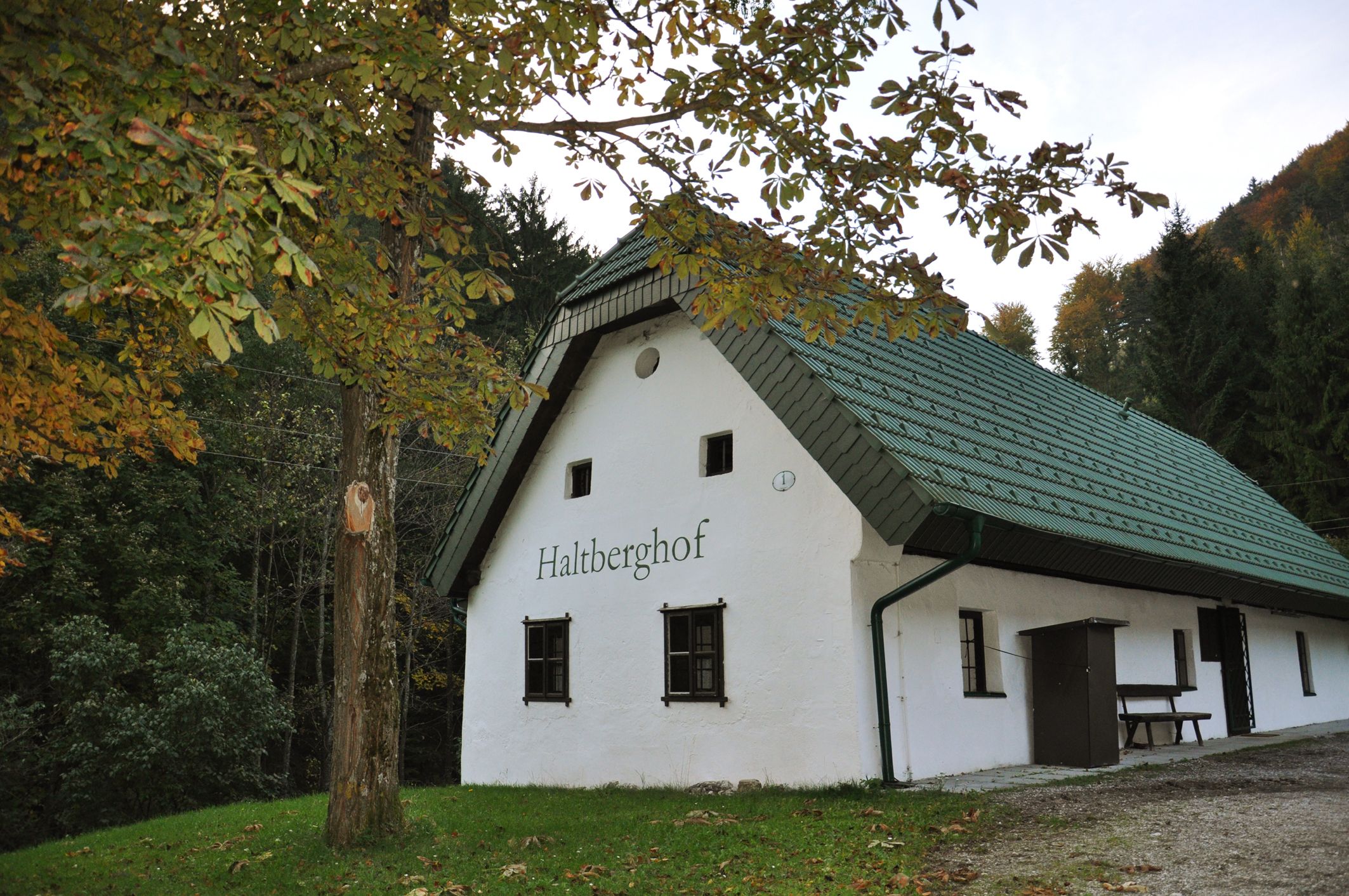Biely rekreačný dom so zelenou strechou v lese s označením "Haltberghof".