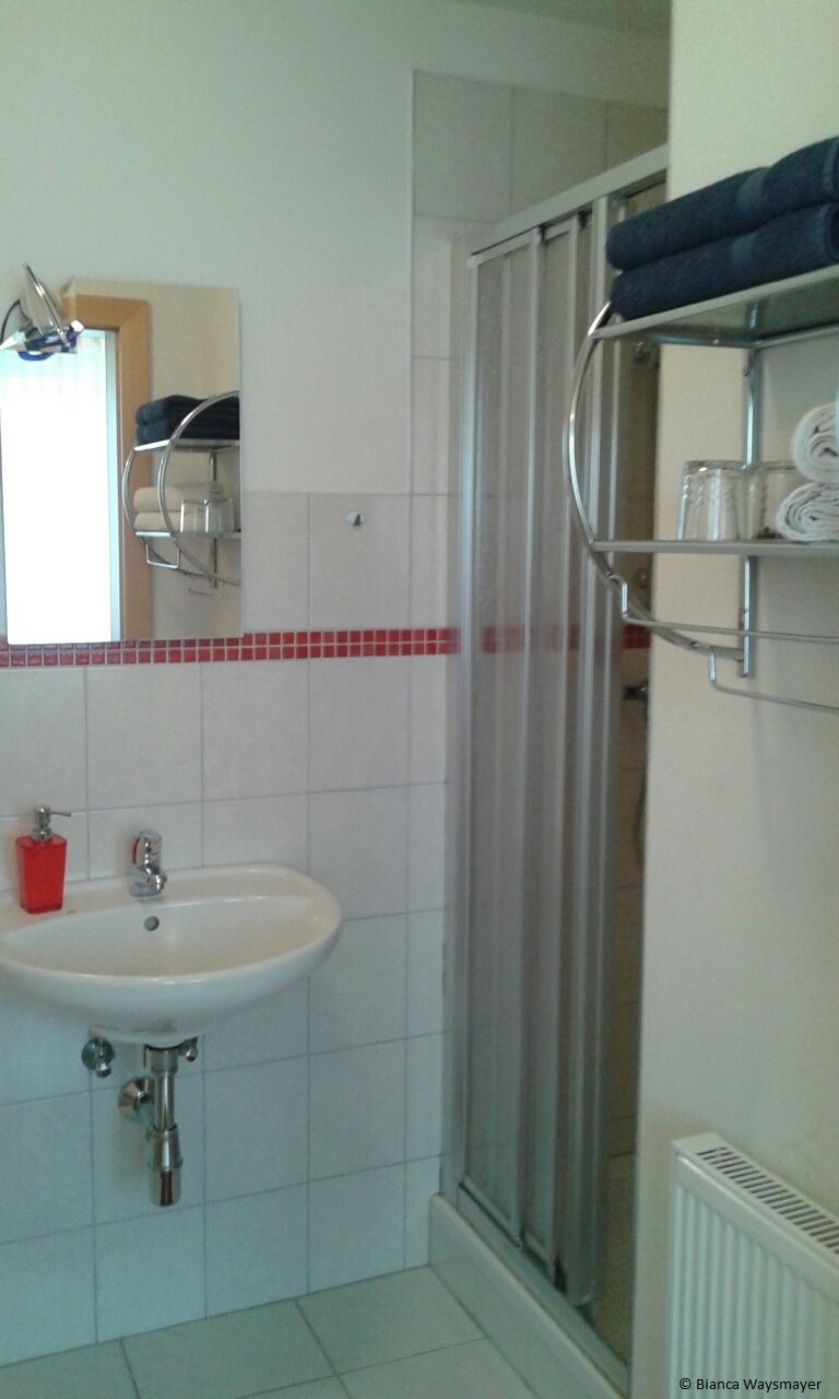 Kúpeľňa s umývadlom, zrkadlom, sprchovacím kútom a vešiakom na uteráky.