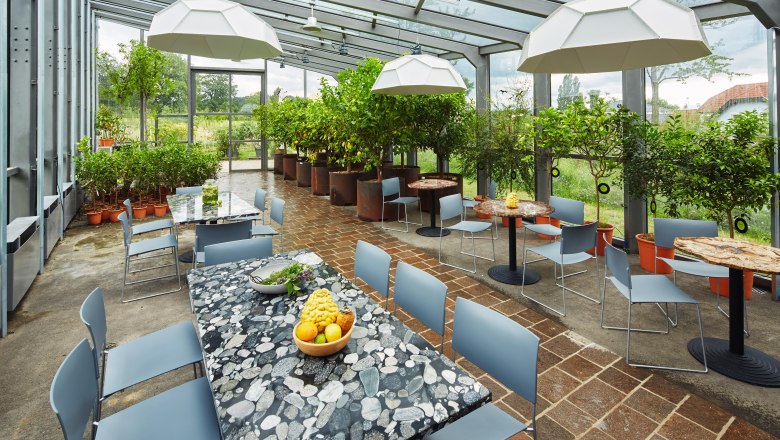 Pohľad do interi&eacute;ru oranž&eacute;rie so stolmi, stoličkami a rastlinami.