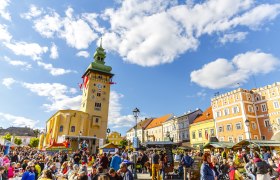 Grape harvest festival with the town hall tower in the background, &copy; Peter Buchgrabe