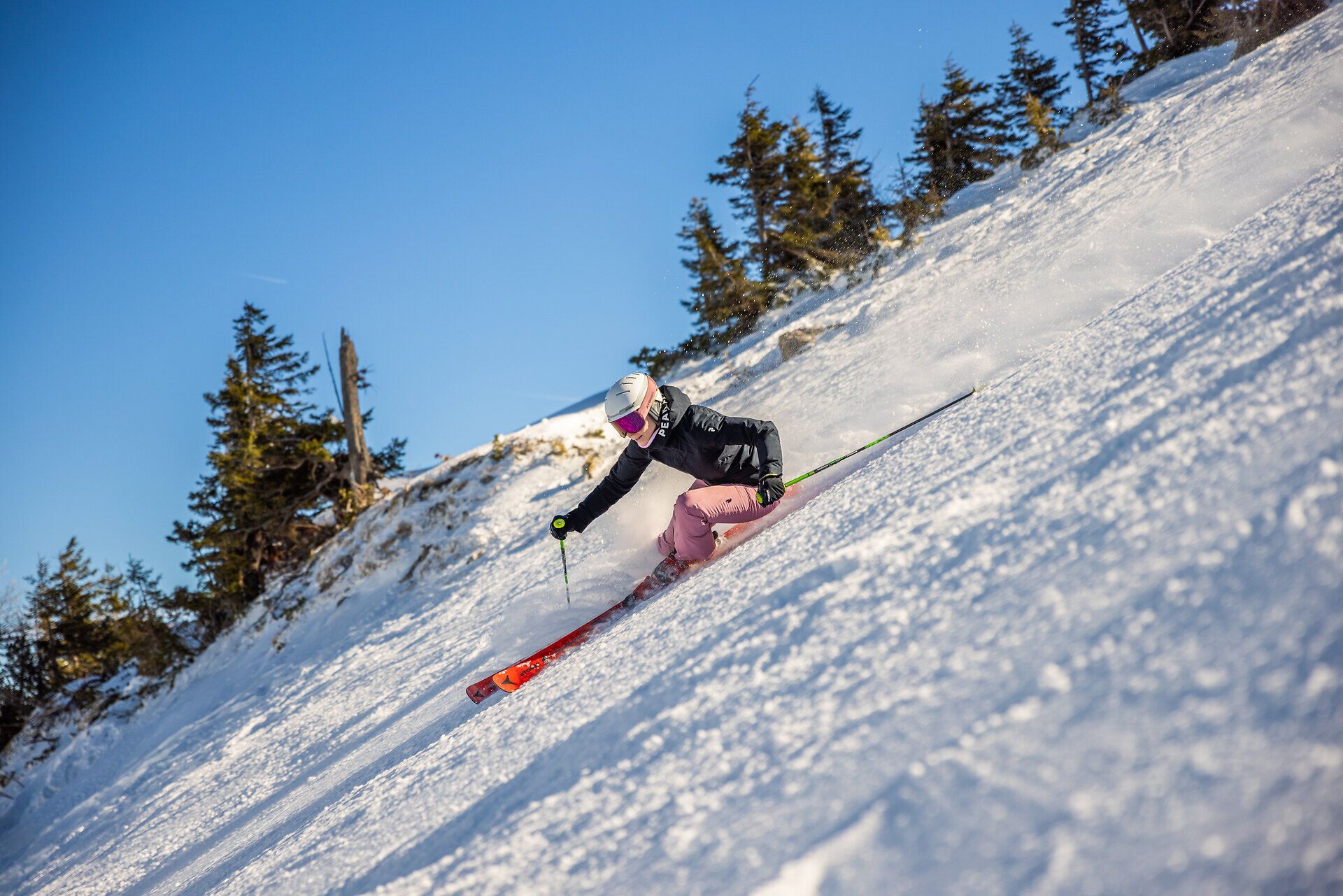 Die strahlende Wintersonne glitzert auf dem frischen Schnee, während eine Skifahrerin elegant die Piste hinuntergleitet. Umgeben von den majestätischen Ybbstaler Alpen, vermittelt die Szene ein Gefühl von Freiheit und Abenteuer. Hier wird der Winter zum Erlebnis für alle, die die verschneiten Berge lieben.
