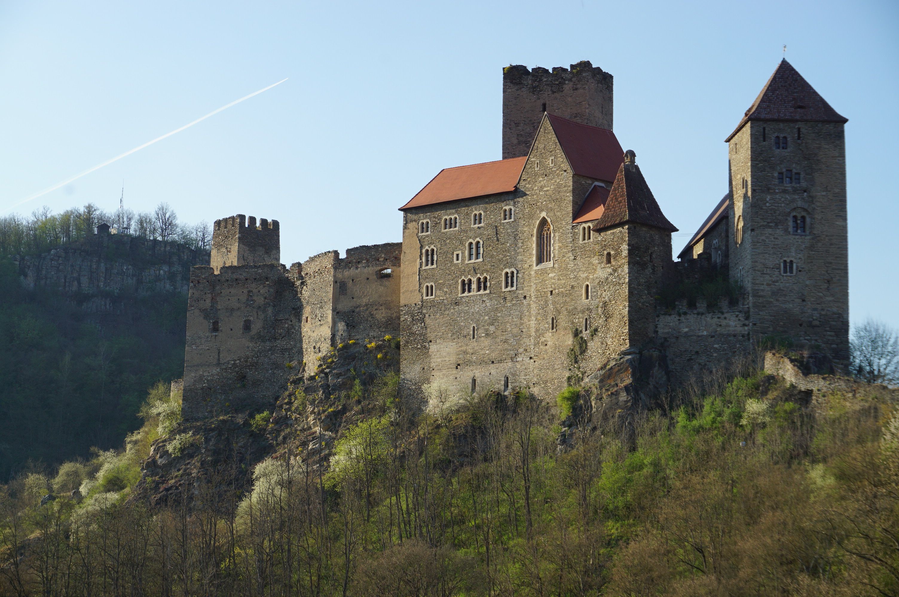 Hrad Hardegg na kopci so stromami v popredí.