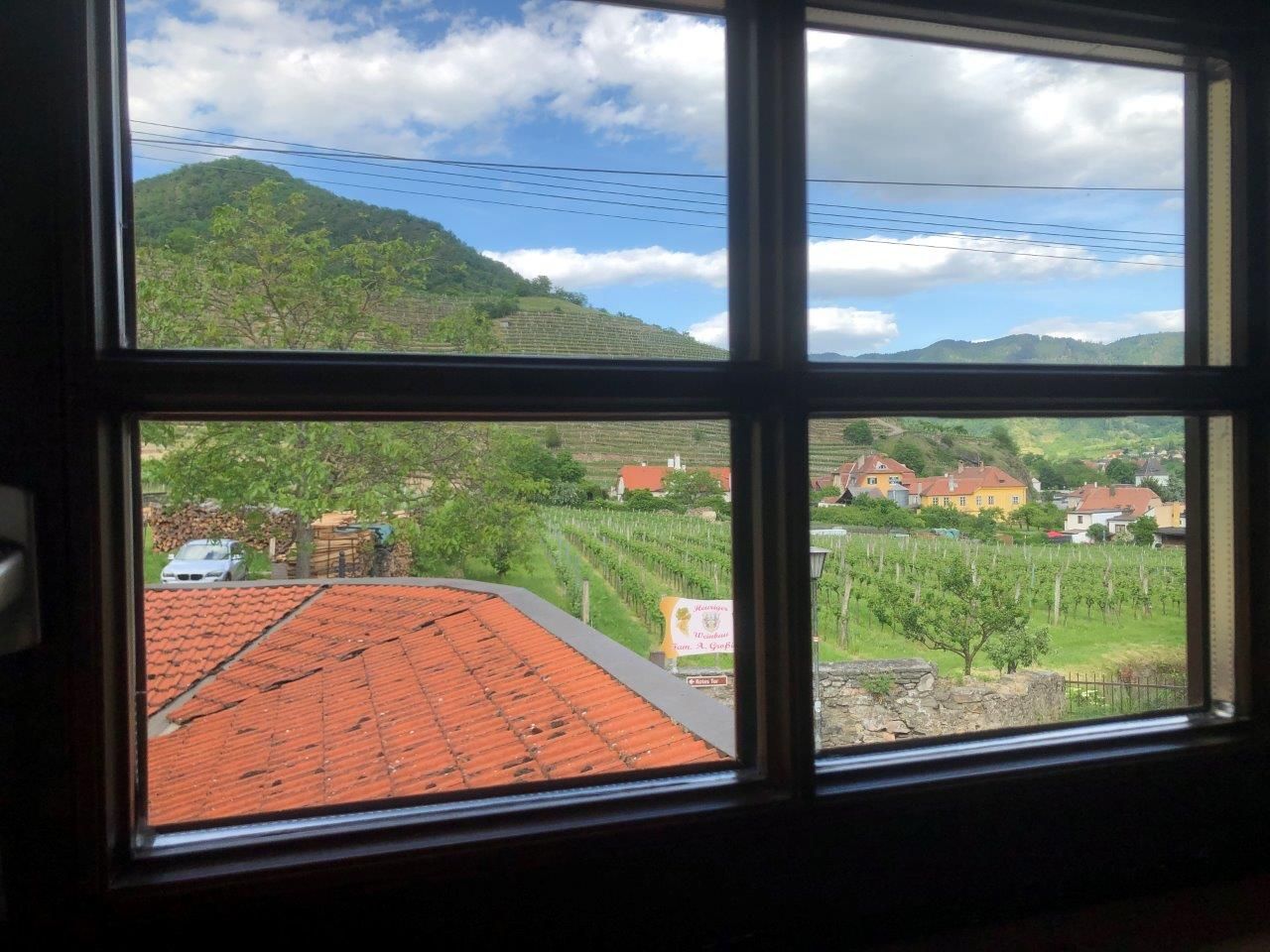 Pohľad z okna na vidiecku krajinu s vinicami, domami a kopcom v pozadí.